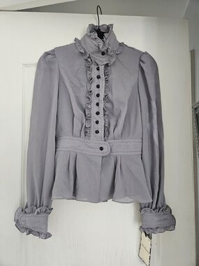 Light Grey Ruffled Victorian Style Blouse